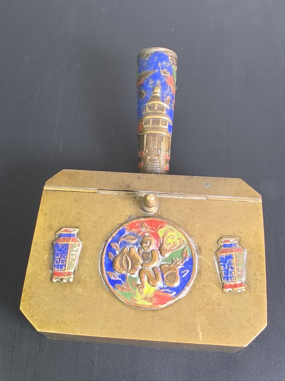 Brass Cloisonné Decorative Silent Butler with Multicolor Enamel Accents